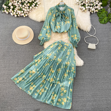 Women's Clothing light mature style, lantern long sleeves, bowknot, loose printed chiffon shirt, two-piece suit, high waist skirt_autovado.com