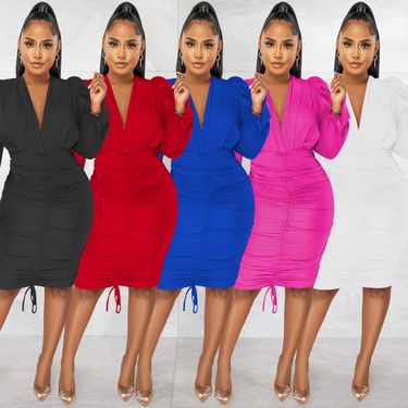 Women's Clothing fashion casual solid color long-sleeved pleated V-neck dress for women_autovado.com