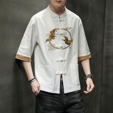 2024 Summer Chinese cotton linen short sleeved men's Tang embroidery Han style loose China-Chic shirt men_autovado.com