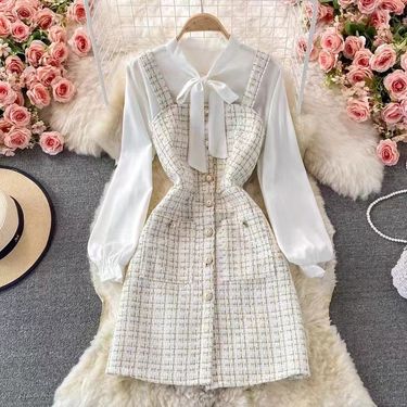 Women's temperament bow tie shirt two-piece suit tweed plaid suspender dress_autovado.com