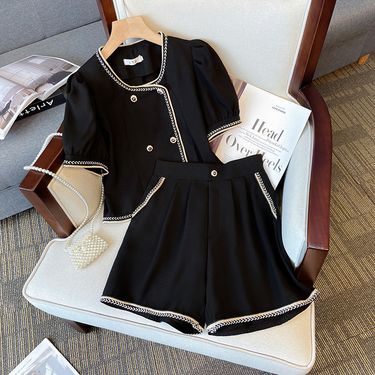 women's clothing fat mm Xiaoxiang style casual shorts contrast color tops slim temperament two-piece suit_autovado.com
