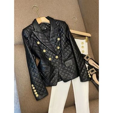 Women's Clothing Black short shoulder pads small casual suit leather jacket suit jacket female pu leather jacket female jacket _autovado.com
