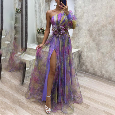 Women's New Party Mesh Oblique Shoulder Dress INS Casual Fashion Dress For Women(Flowers Are Movable)omen_autovado.com