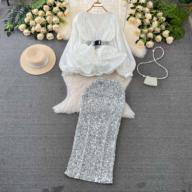 Women's fashion set female socialite temperament lantern long sleeve V-neck lotus leaf bright face shirt women's high waist sequin skirt_autovado.com