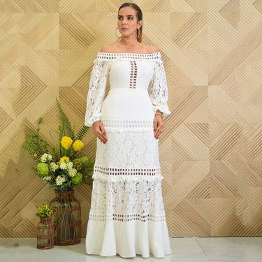 Women's lace dress line shoulder lotus wedding gown evening gown banquet dress_autovado.com