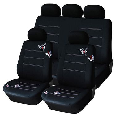 General purpose seat cover Black butterfly embroidery car seat cushion 9-piece set_autovado.com