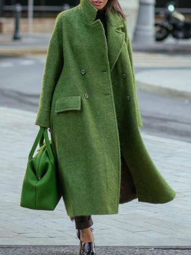 Women's long woolen coat solid color temperament commuting beltless lapel loose woolen green coat_autovado.com