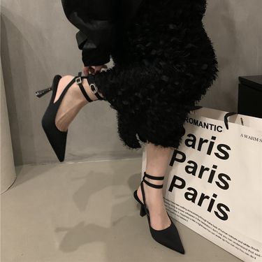 French pointed high heels, evening style, sandals and slippers with skirt, black sandals, 2023 winter and spring British women's shoes_autovado.com