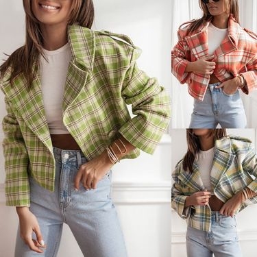 Women's Clothing New 2024 Fashion Suit Collar Plaid Printed Wool Coat_autovado.com
