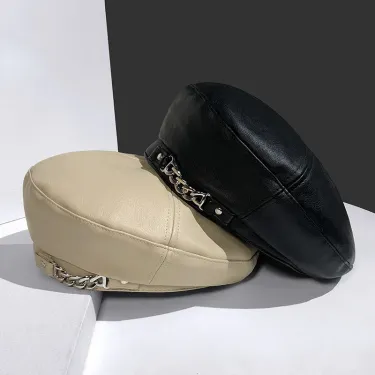 Hot Sale Vintage Women Solid Cap Pu Leather Chain Beret French Artist Warm Beanie Female Ladies All-Match Adjustable Hat_autovado.com