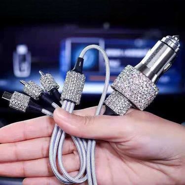 Car With Diamond Embedded One To Three Fast Charging Data Cable, Car USB Cigarette Lighter, Mobile Phone Charger_autovado.com