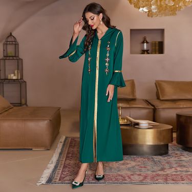 A815 dark green trumpet sleeves front slit walnut satin robe Dubai party banquet dress_autovado.com