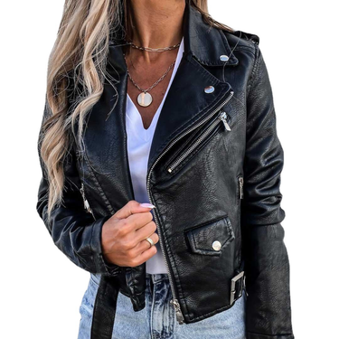 Women's jacket top PU leather jacket motorcycle short zipper_autovado.com