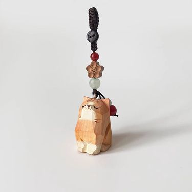 Hand Carved Wood Carved Orange Cat Shiba Inu Mi Ping An Six Character Mantra Woven Keychain Chain Ring Car Schoolbag Pendant Ornament_autovado.com