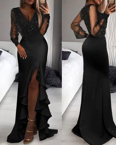 Women's Clothing Hip-covering Mid-waist Waist Black Artistic Mesh Sequin Temperament Commuter Long Skirt Dress_autovado.com