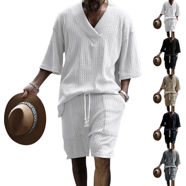 2024 Casual Jacquard Summer Loose Short sleeved T-shirt Shorts V-neck Sports Two piece Set for Men_autovado.com
