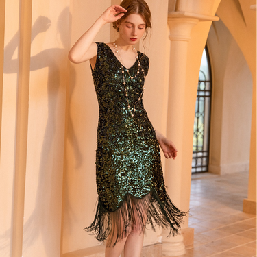 Retro sequin new dress Gatsby ball tassel dress party banquet dance dress toast evening dress_autovado.com