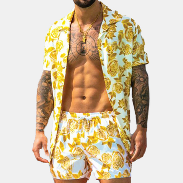 European and American cross-border men's casual loose Hawaiian beachwear three-color printed short-sleeved suit casual two-piece set_autovado.com