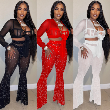 Women's Clothing new nightclub hot diamond mesh see-through strap long-sleeved trousers three-piece set_autovado.com