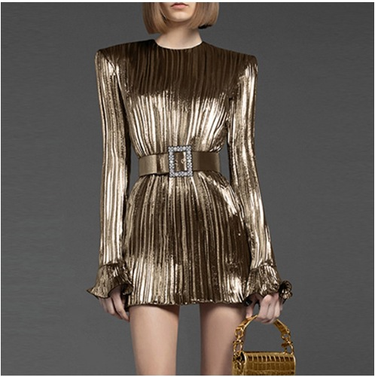 Women's round neck pleated stitching glossy waist style short dress_autovado.com