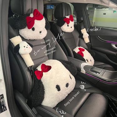 Cute black and white dog car headrest Cartoon creative plush comfortable waist car creative headrest neck pillow_autovado.com