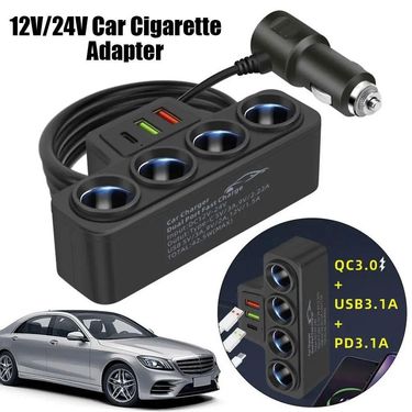 One To Four Intelligent Cigarette Lighter Dual USB+PD Charger QC3.0 Car Converter_autovado.com