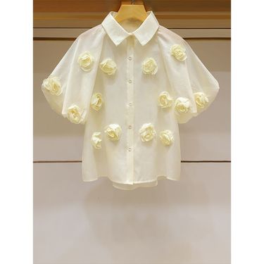 Women's Clothing summer new three dimensional rose flower chic French puff sleeve niche loose single breasted shirt versatile_autovado.com