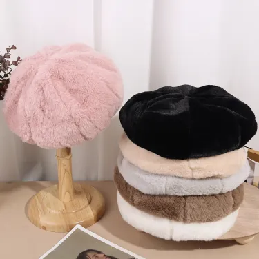 Hot Sale Y2K Rabbit Fur Beret Hat Female Autumn Winter Warm Candy Color All-match Sweet Cute Plush Painter Hats Brim Cap Gorras_autovado.com