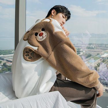 Men's Clothing Factory direct sales men's autumn and winter long sleeved lamb wool embroidery flocking cute little bear loose lazy style sweater men_autovado.com