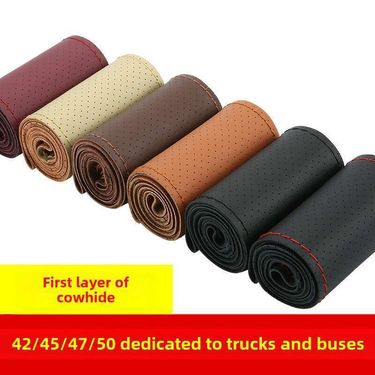 Head Layer Cowhide Hand Sewn Steering Wheel Cover For Buses, All-season General Vehicles, Genuine Leather Handle Covers_autovado.com