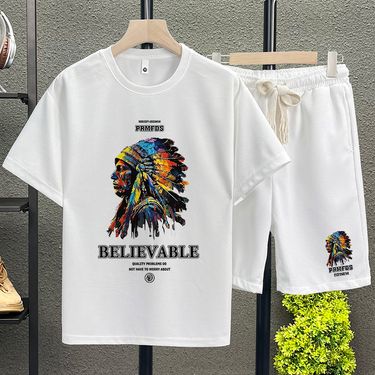 Men's Clothing waffle polo shirt short sleeved T shirt set summer loose clothes tops and pants suits for men_autovado.com