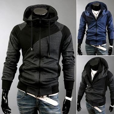 Men's Clothing Autumn and Winter New Men's Personality Colorblock Double Zipper Hooded Cardigan Slim Sweater 702_autovado.com