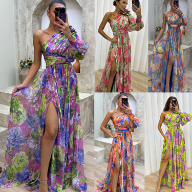 Women's party new casual slit dress INS loose multi-color slant shoulder dress_autovado.com