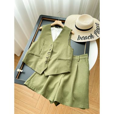 Women's Clothing Sleeveless V-neck Sleeveless Button Suit Short Vest Shorts Suit _autovado.com