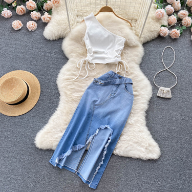 Women's Smocked Strappy Shoulder Vest Irregular Raw Edge Slit Denim Skirt Two-piece Set_autovado.com