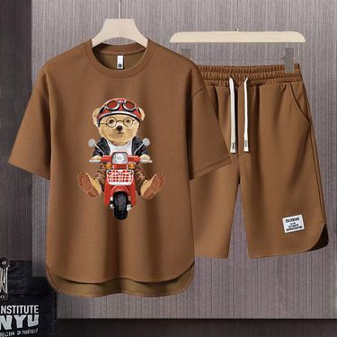 Men's Clothing 2024 Waffle Casual Summer Suit Men's Loose Teen Short sleeved T shirt Shorts Handsome Two piece Suit_autovado.com