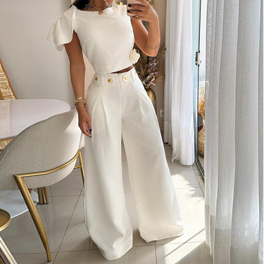 Women's Fashion Solid Color Single Room Petal Sleeve High Waist Temperament Pants Suit For Women_autovado.com