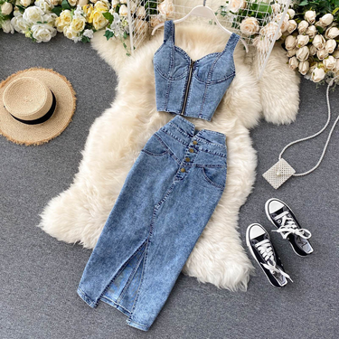 Women's fashion halter tank top high waisted denim skirt_autovado.com