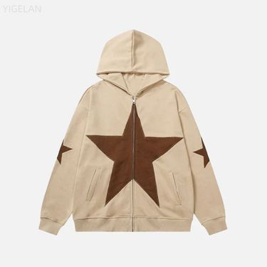 Street oversized loose fitting women's pentagonal star patch embroidered printed hoodie personality zipper sweater men's_autovado.com