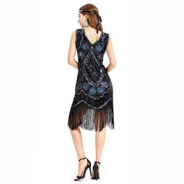 1920 vintage dress, tassel dress, hand-knitted sequined V-neck prom evening dress_autovado.com