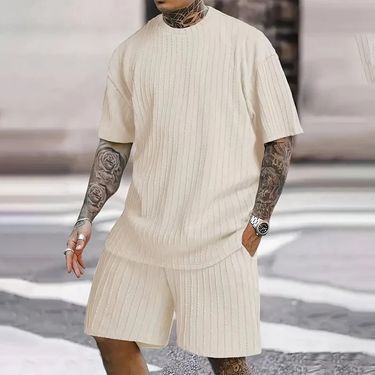 Men's Textured Linen Blend Set - Summer Loose Fit Short Sleeve Suit | Vacation Ready Coordinated Outfit_autovado.com