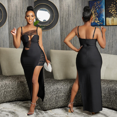 Women's Clothing fashion women's solid color mesh hollow bandage long skirt dress_autovado.com