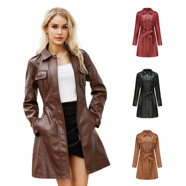 mid-length leather jacket with belt long-sleeved leather windbreaker fashionable British jacket for women 6652_autovado.com