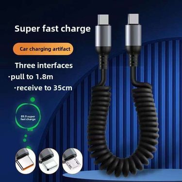 100W Dual Head Fast For Car Mounted 6A Telescopic Data Charging TypeC Spiral PD Spring Line_autovado.com