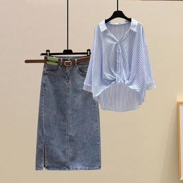 Women's Clothing Summer suit new striped shirt with high waist denim skirt two piece suit_autovado.com