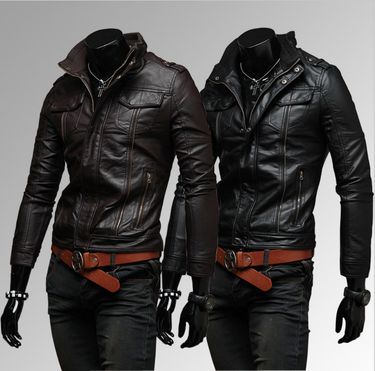 Men's Clothing Autumn and Winter New Pockets Multi zipper Men's Stand Collar Motorcycle Leather Jacket Leather Jacket A153_autovado.com
