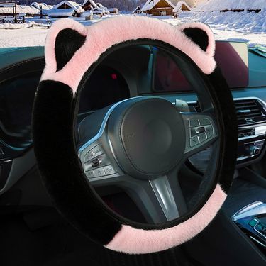 Cute Cat Ear Plush Steering Wheel Cover 15inch Universal Winter Fluffy Warm Non-Slip Healing Car Accessory_autovado.com