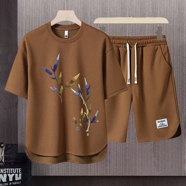 Men's Clothing 2024 Waffle Casual Summer Suit Men's Loose Teen Short sleeved T shirt Shorts Handsome Two piece Suit_autovado.com
