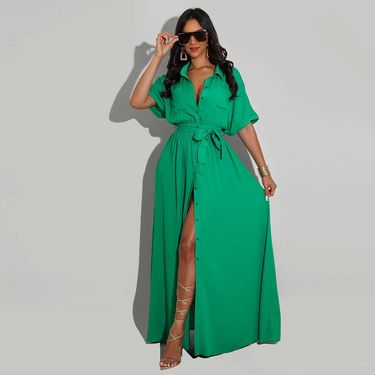 Women's fashion casual shirt with waistband, solid color, loose fitting large shirt and dress_autovado.com