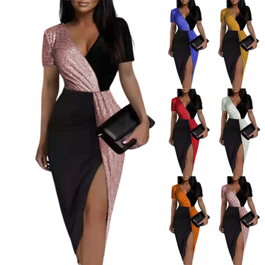 Women's clothing border shiny contrasting ethnic style high waisted solid color temperament commuting mid length skirt short sleeved waist dress_autovado.com